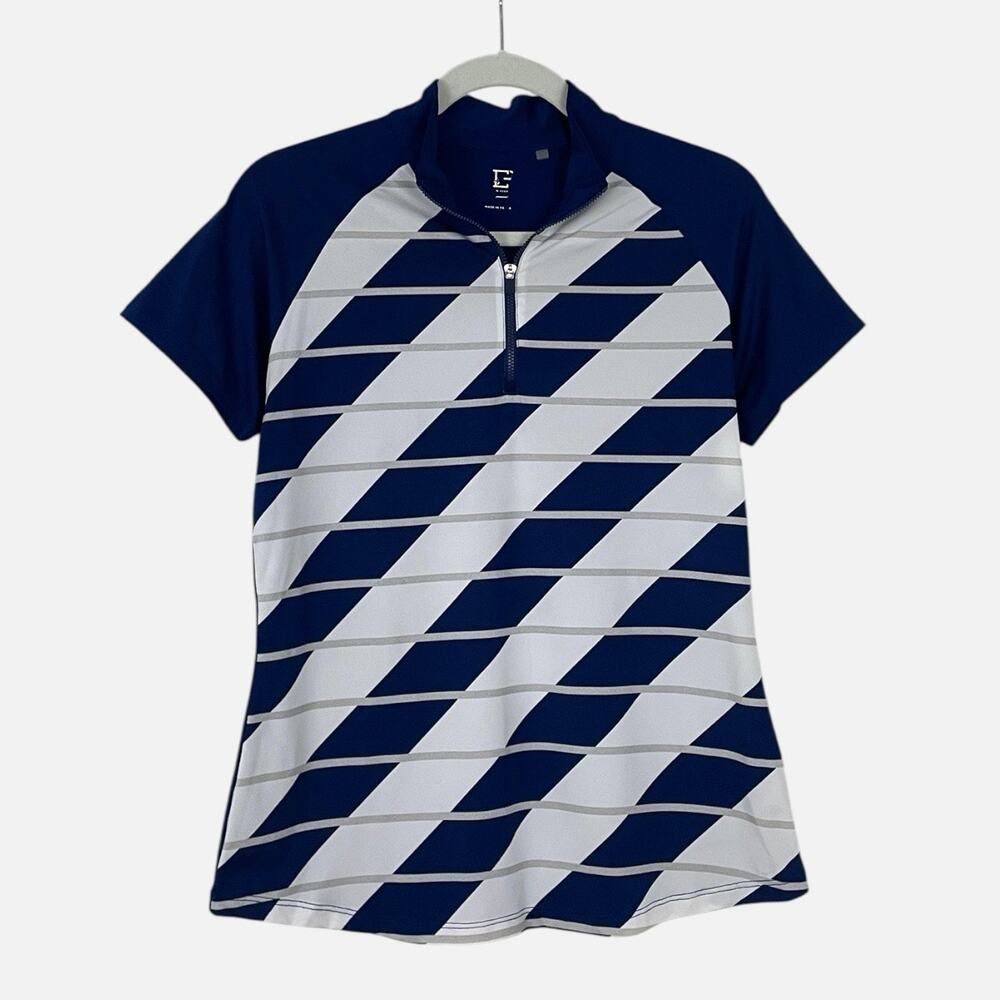 EP New York Navy Blue & White Striped Quarter Zip Active Short Sleeve Polo Shirt